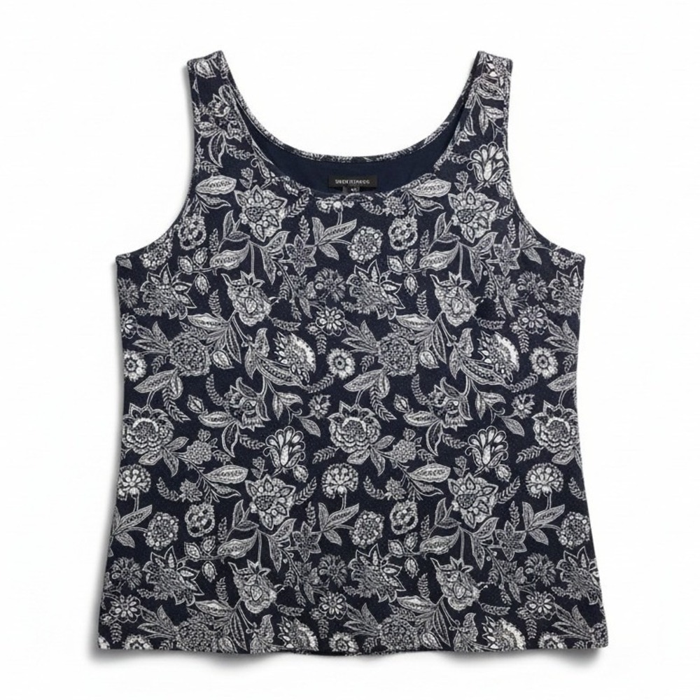 White Stag Womens Large Black White Floral Stretch Tank Top Sleeveles Scoop Neck